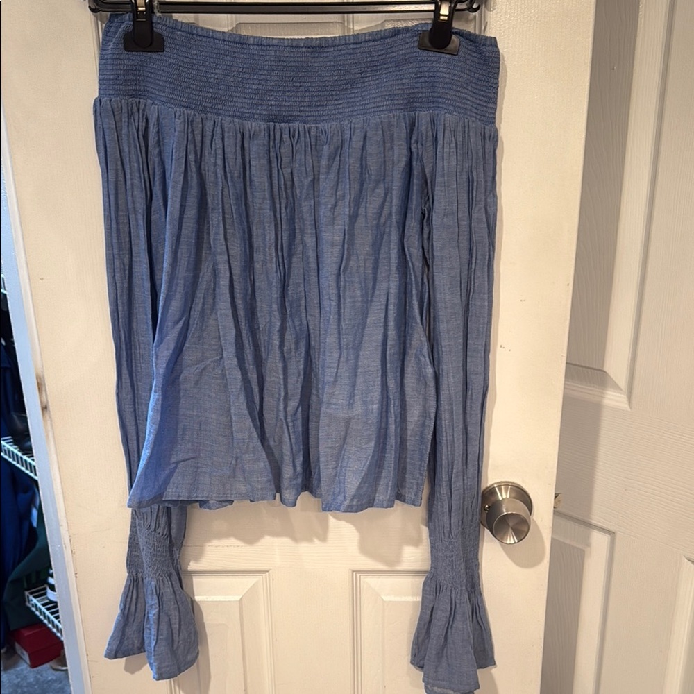 Maje Blue Bubble Blouse with Pleated High-Low Design